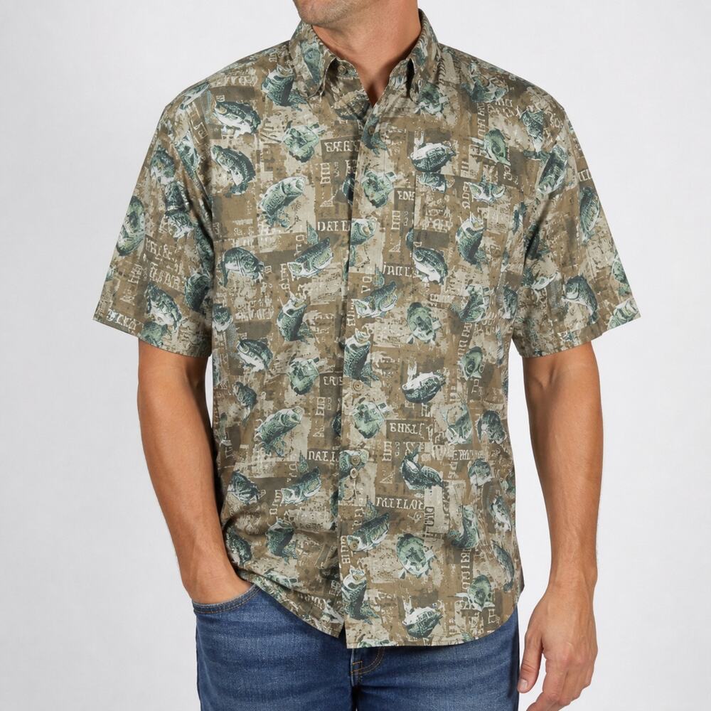 Columbia Shirt Mens Medium Green Brown Bass Fishing Cotton Short Sleeve